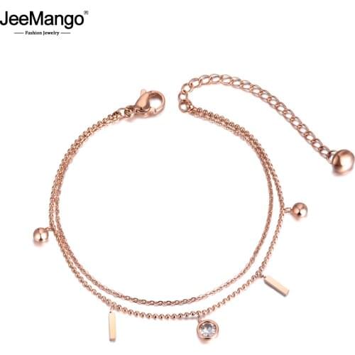 JeeMango Trendy Double Layers CZ Crystal Ball Charm Bracelets For Women Stainless Steel Link & Chain Bohemia Bracelet JB19055