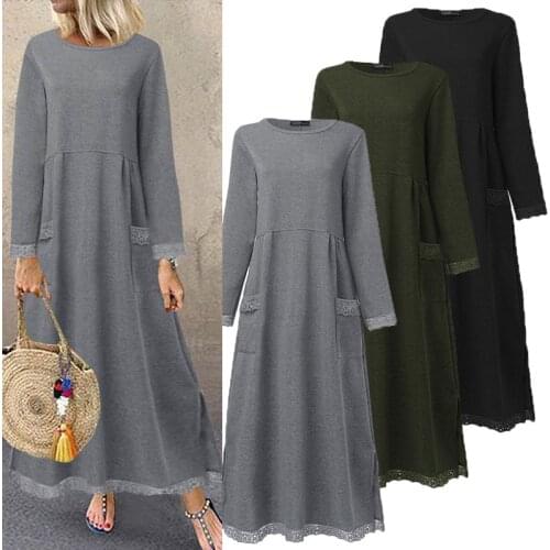 Fashion Womens Autumn Sundress ZANZEA 2021 Lace Patchwork Sweatshirts Dress Female Hoodies Maxi Vestidos Pullover