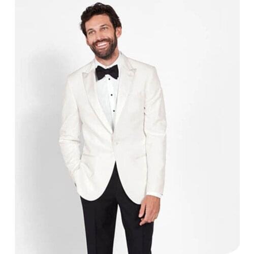 Ivory Men Wedding Suits Satin Peaked Lapel Slim Fit Groom Tuxedos Terno Masculino Latest Coat Pant Designs Costume Homme 2Piece