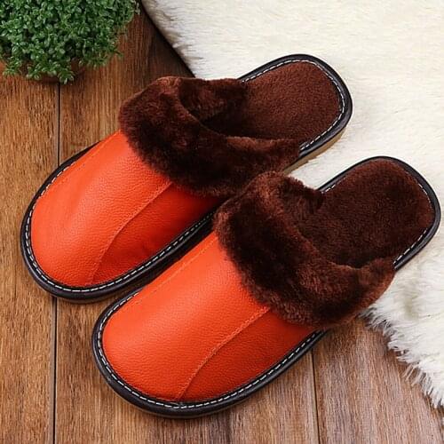 2021 Men Winter Genuine Leather Slippers Slippers orange Warm Indoor Slipper Waterproof House Shoes Women Warm Leather Slippers
