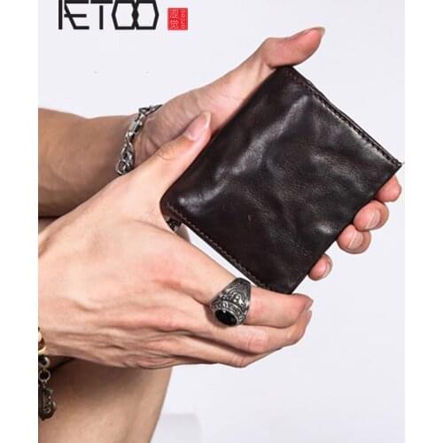 AETOO Mens ultra-thin short wallet, retro leather wallet, compact leather wallet