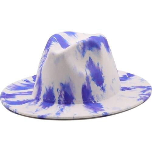 New Colorful Women Tie-Dye Panama Felt Fedoras Hat Wide Brim Church Derby Top Hat Men wool British style Jazz Cap
