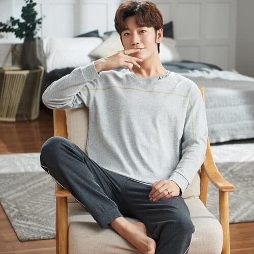 Pajamas Sleeping Suits for Men Fashion Men Sleepwear Simple Keep Warm Pijamas Plain Grey Male Pyjamas Long Sleeves Men Pajamas