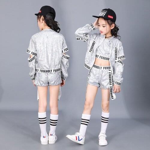 Silver Sparkly children Jazz Modern Dance Costumes Girls boy Jazz Sequins alphabet band hip hop Street Dance costume sets kid