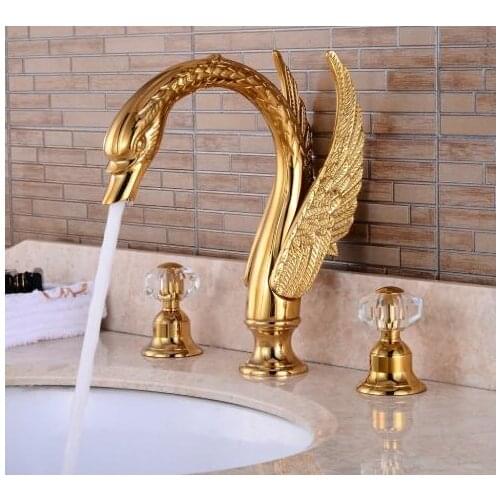 Vidric Soild brass gold finish faucet bathroom golden swan faucets double handle three hole wash basin tap mixer