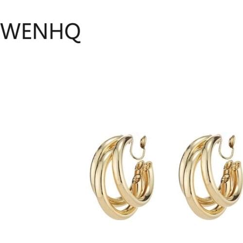 WENHQ Vintage Golden C Shape Clip on Hoop Earrings Non Pierced Cute Earrings for Women 2021 New Fashion Mosquito Coil Earrings
