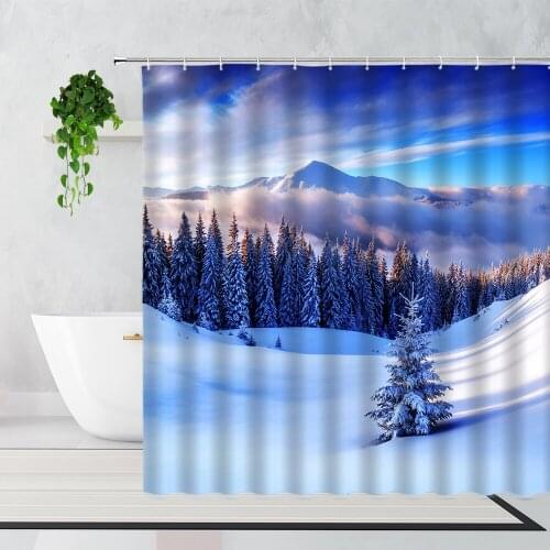 Winter Forest Scenery Shower Curtain Cedar Tree Mountain Bathroom Decoration Accessories Waterproof Bath Curtain Set With Hooks