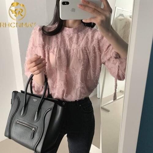 2020 Korea Chic Fashion Women Blouses New style Tassels Cuff Bandage Crew neck Versatile Shirt Long Sleeve Clothes Shirts