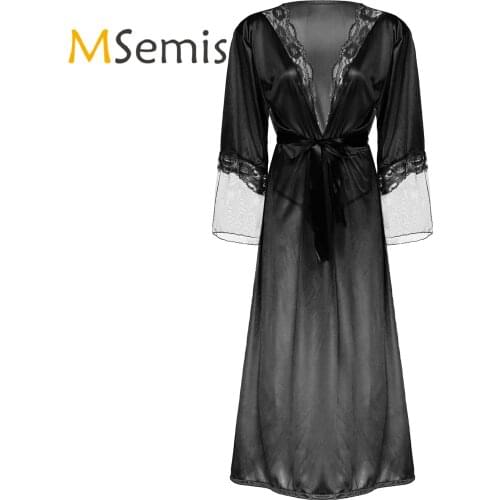 Womens Sleepwear Night Gown Erotic Sexy Clothing Flare Sleeve Lace Patchwork Long Bathrobe Kimono Nightwear with G-string Belt