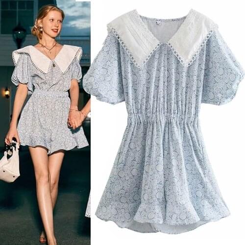 YVYVLOLOI ZA Blue floral print doll collar jumpsuit female summer waist slimming jumpsuit 2021 new puff sleeve casual shorts