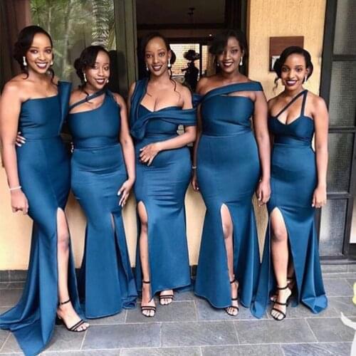 Lamiabridal Navy Blue Sexy Mermaid Bridesmaid Dresses Strapless Satin Front Slit Long Maid Of Honor Wedding Party Dresses Cheap