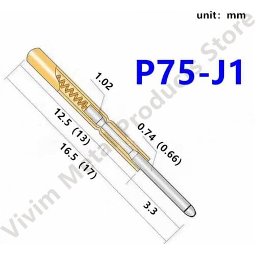 100PCS P75-J1 Nickel Plated Round Needle Head Spring Test Probe Dia 0.74mm Pogo Pin For Testing Power Contact Gold Thimble Tool