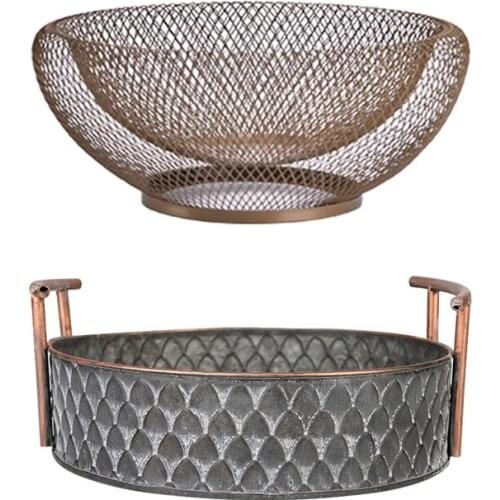 2 Pcs European Handcrafted Round Antique Decorative Trays With Handles Retro Desk Kitchen Storage Organizer For Home Decor,22X22