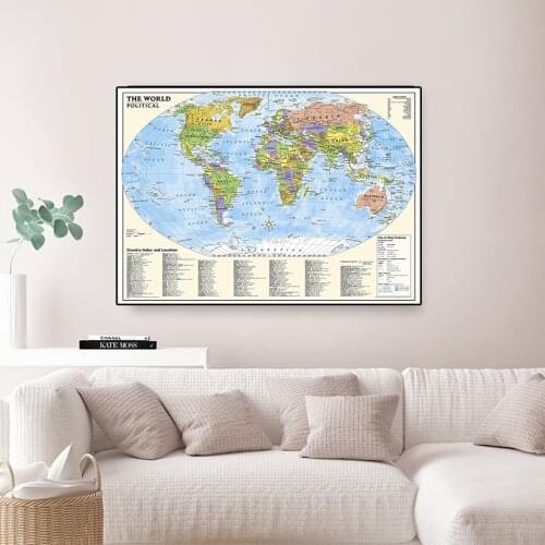 A2 Size The World Political Map High Denfetion Fine Canvas Wall Map with Country Index and Location For Home Office Decor