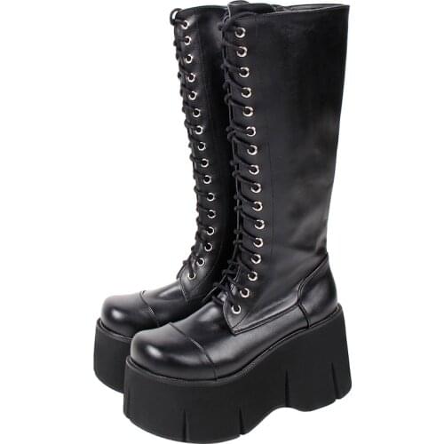 Angelic imprint new Women motorcycle cool punk boots lady lolita shoes woman high heels pumps big wedges heel lace up 33-47 9610