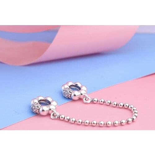 Top quality Valentines day charm 925 Sterling silver Pave Safety Chain charms fit bead bracelet bangle DIY jewelry making