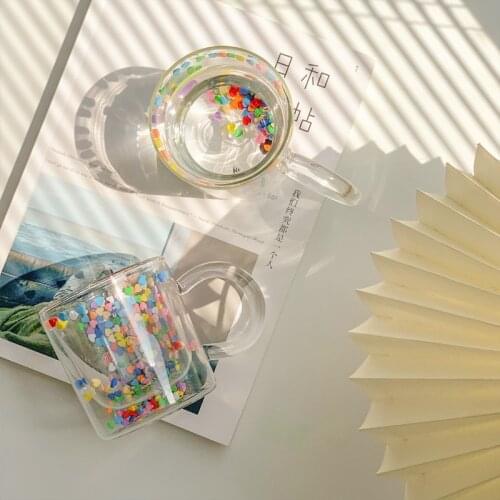 Double Layer Love Quicksand Glass Cup Shot Glass Cute Girl Heart Water Cup Transparent Juice Double Wall Glass Cup