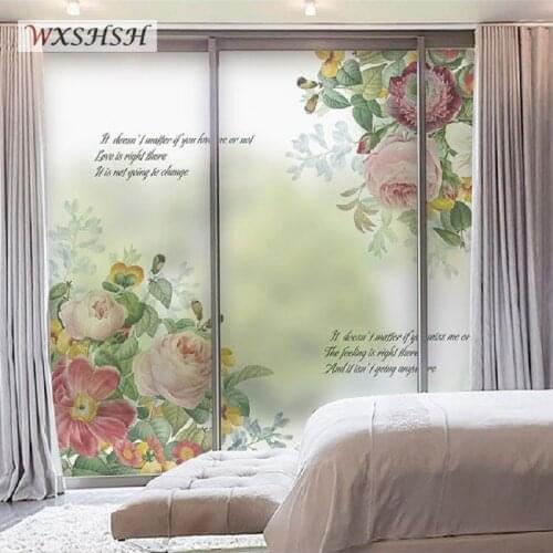 Electrostatic Window Sticker Custom Size Blooming Flower European Style Stained Frosted Thermal-Insulation Opaque Glass Covering