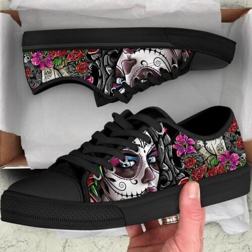 ELVISWORDS Skull Day of the Dead Classic Low Style Womens Sneakers Flats Canvas Vulcanized Shoes for Teen Girls Casual Zapatos