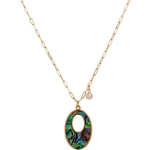 FYJS Unique Light Yellow Gold Color Oval Hollow Abalone Shell Pendant Link Chain Necklace Ethnic Style Jewelry