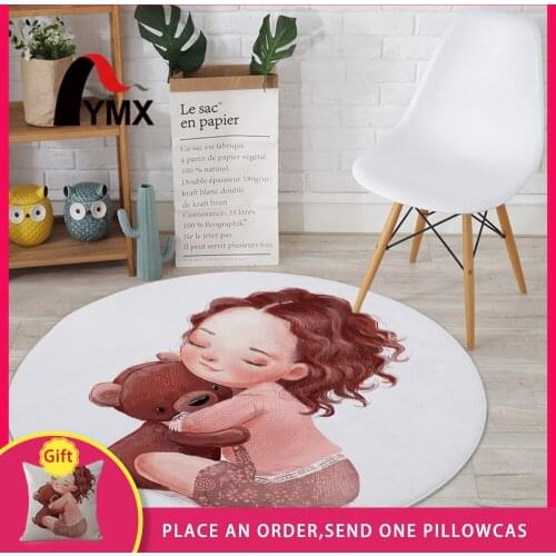 FYMX Cute Girl Round Big Carpet Cartoon Rabbit Puppy Deer Round Rug Living Room Absorbent Non-slip