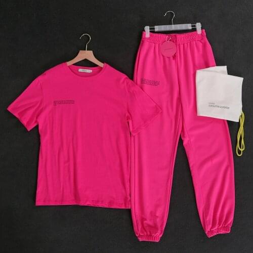 Summer New Woman Tshirts Pants Two Piece Set Letter Print Loose O-Neck Short Sleeve Tops Sweatpants 100% Cotton Casual Tracksuit