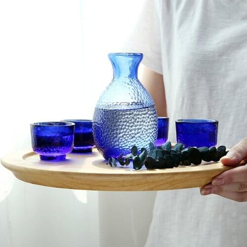 Creative Personality Blue Glass Japanese Style Hammer Pattern White Wine Pot Sake Set Whisky Cup Yellow Wine Cup 5-Piece Set