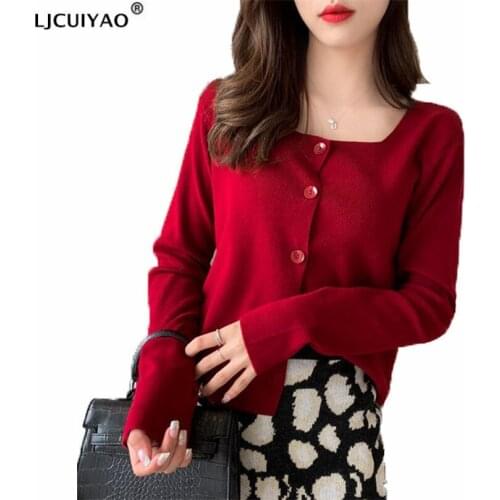 LJCUIYAO Spring Cardigan For Women Knitted Sweater V-Neck Long Sleeve Crop Tops Female Button Up Green Black White Red Clothing