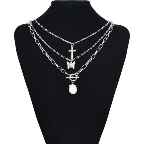 Fashion Gold Silver Metal Chain Pearl Tennis 3 Layer Necklace For Women New Butterfly Sexy Jewelry Sweater Necklace Accessories