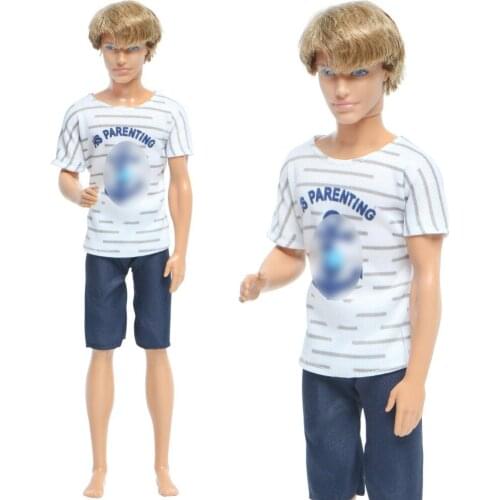 Handmade Men Outfit White T-Shirt Blue Short Pants Cool Suit Prince Clothes for Ken Doll Baby Girl Dollhouse Accessories Toy