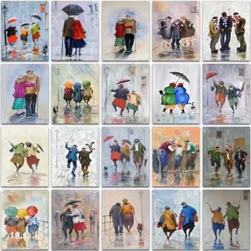 Diamond Painting Kit Paint Cartoon Old Couple Street view Rainy day Full Square&Round embroidery mosaic Cross stitch home decor