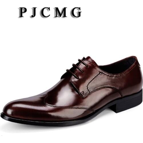 PJCMG New Comfortable Black/Red Genuine Leather Lace-Up Pointed Toe Flat Man Casual Classic Dress Wedding Gentleman Shoes