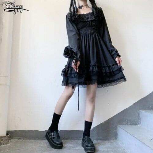 Square Collar High Waist Gothic Dress Lolita Princess Black Solid Mini Dress Elegant Puff Sleeve Lace Ruffles Party Dress 13242