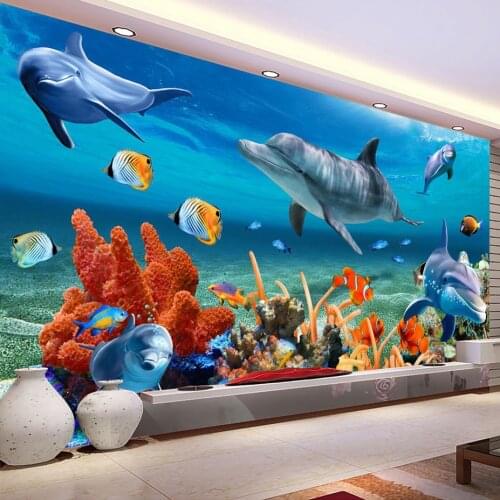 Custom 3D Mural Wallpaper For Kids Underwater Dolphin Fish Wall Paper Aquarium Wall Background Room Decor Kids' Bedding Room