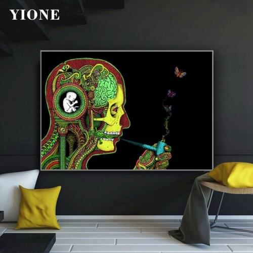 Psychedelic Brain Skeleton Skull Art Prints Dark Abstract Man Butterfly Smoke Canvas Picture Home Decor Painting Wall Poster