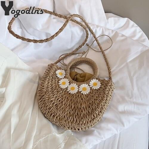 Handmade Half-Round Rattan Woven Straw Crossbody Bag Summer Women Messenger Purse Bags Girls Daisy Flower Beach Small Handbag