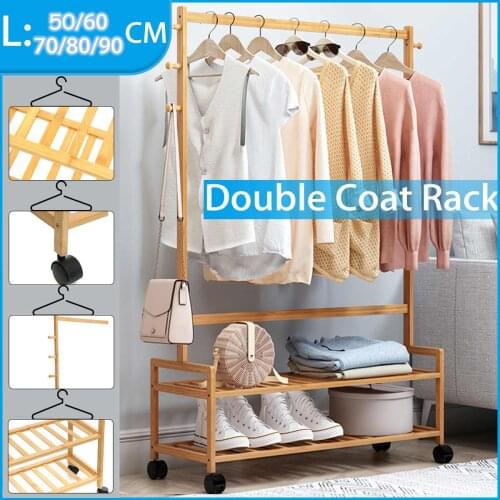 Removable Coat Rack Bamboo Floor Shelf Stand with Wheels Multifunction Storage Rack Organizer Garment Clothes Home Holder Shelf