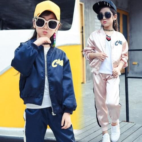 Spring Autumn Casual Children Street Wear 2PCS Set Long-sleeved Zipper Letter Printed Jacket+Pants Teens Girls Tracksuit 4-13T