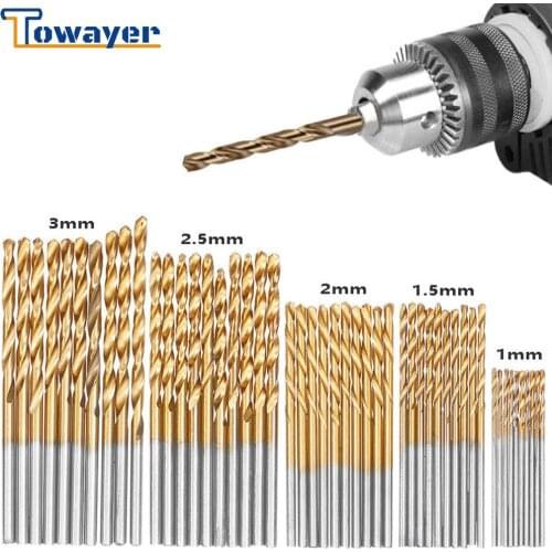 Towayer 50Pcs HSS High Speed Steel Drill Bits Set Titanium Coated Drill Bits Tool High Quality Power Tools 1/1.5/2/2.5/3mm