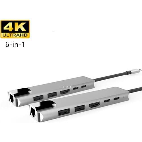 6 Ports USB C HUB to HDMI-compatible Rj45 Lan USB 3.0 Adapter 87W PD Charger for MacBook Pro Type C Splitter USB C HUB