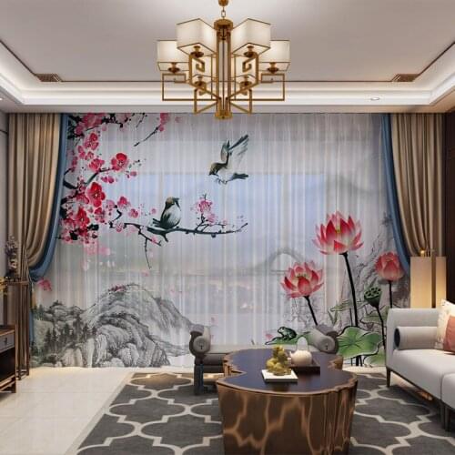 Flowers Birds 3D Photo Printed Customized Tulle Drape Panel Sheer Curtain for Living Room Bedroom Vintage Chiffon Voil
