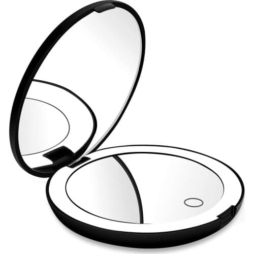 Compact Rechargeable Lighted Makeup Mirror for Travel 10X Magnifying Handheld Makeup Mirror with 12 LEDs Lights Folding Mirror