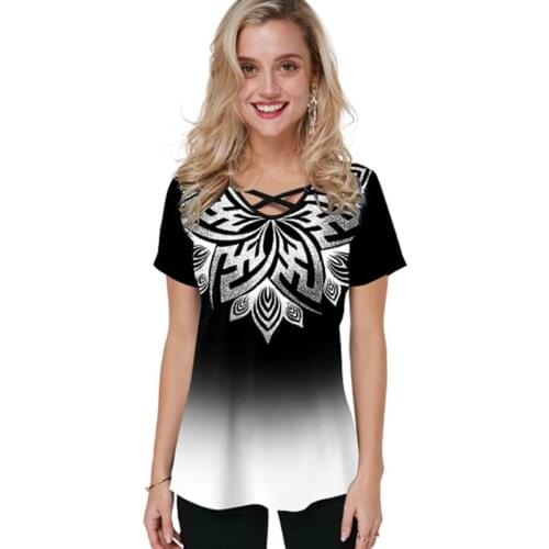 Oversized Women T-shirt New 2021 Casual Gradient Print Short Sleeve V-Neck Cross Strap Summer Fashion Ladies Tops 5XL Large Size