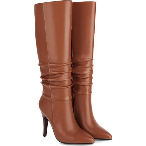 2021 Folds Womens Boots Fashion Knee High Boots PU High Heels Autumn Winter Plush Woman Shoes Size 34-43 Black