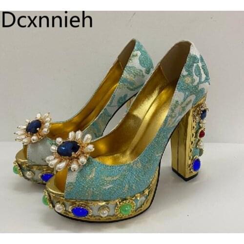 Woman New 2021 Pearl Rhinestone Thick Heel Super High Heel Fish Mouth Shoes New Catwalk Fashion Sexy Wedding Party Pumps Shoes