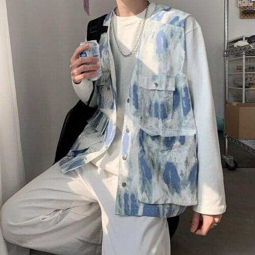Mens Denim Vests Hip Hop Tie Dye Cargo Waistcoat Summer V Neck Loose Pockets Sleeveless Jacket Streetwear Casual Vest Outerwear