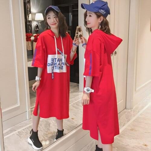 #2606 Summer Hoodie Tshirt Dress In Women Half Sleeve Casual Loose Hooded Tees Dresses Ladies Printed Cotton Dresses Side Split