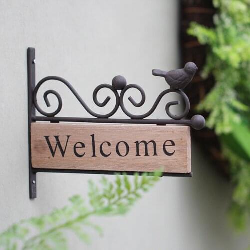 American Rustic Iron Solid Wood Bird Welcome Placard Nail Free Doorplate Cafe Bookstore Wall hanging Home Decoration Accessories