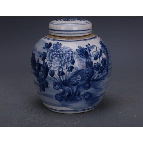 Late Qing Dynasty Hand-painted Blue And White Peony Pattern Lid Tea Can For Collection