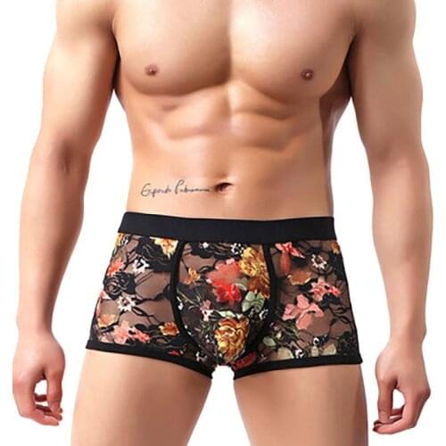 Men Boxers Sexy Low Rise Lace Underwear See Through Breathable Underpants Floral Pattern Male Shorts Intimates Lingerie Panties